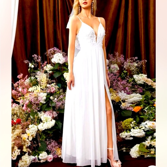 BELLE-APPLIQUÉS LEAF EMBROIDERY MESH INSERT SPLIT THIGH CHIFFON WEDDING DRESS XL - Picture 1 of 8